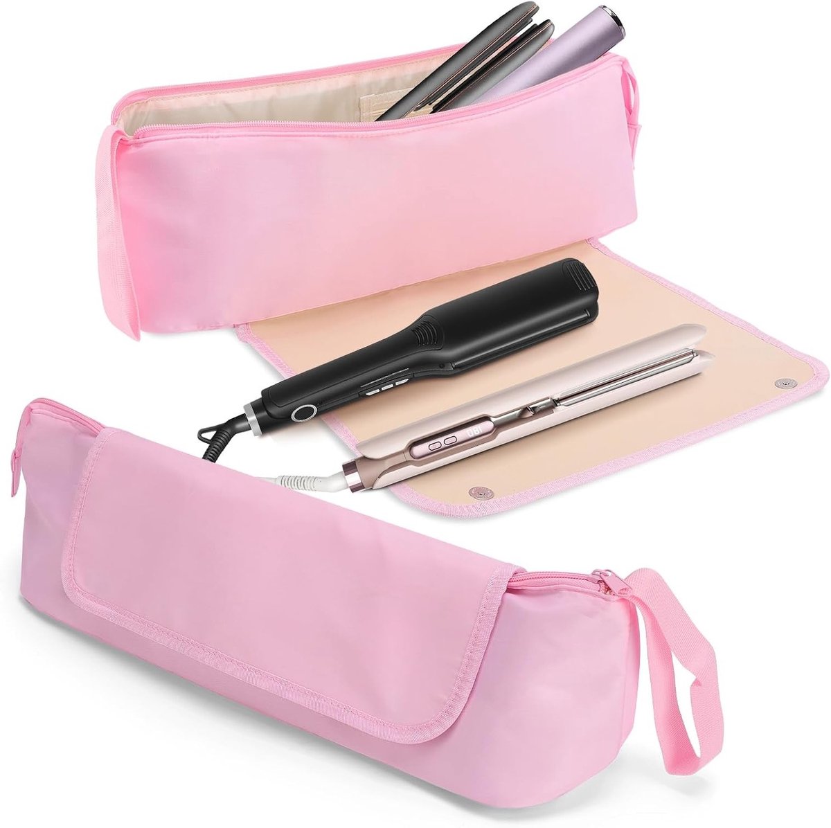 Reisbag voor Haarstyling met Warmtebestendige Pad, 2-in-1 Draagtas, Grote Capaciteit voor Krultangen, Föhns en Hitteborstels (Roze)