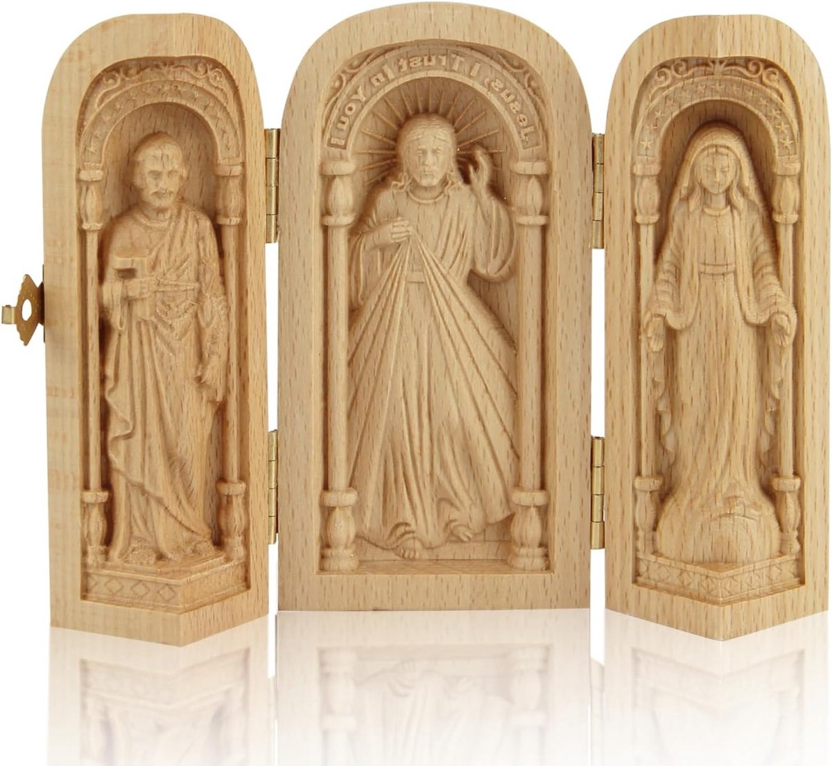 Draagbaar Reizend Altaar van Hout met Beelden van Jezus, Maria en Jozef - Religieuze Geschenken voor Spirituele Reizen