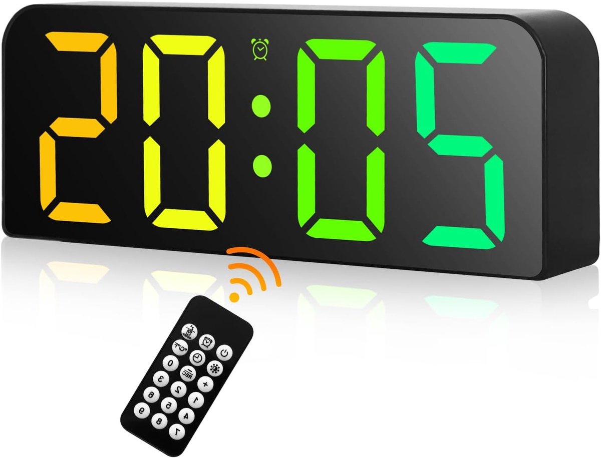 Digitale Wandklok met RGB Verlichting, 9.6 Inch LED Display, USB Aansluiting, Afstandsbediening, Drie Alarmen en Grote Cijfers voor Thuis, Kantoor en Keuken