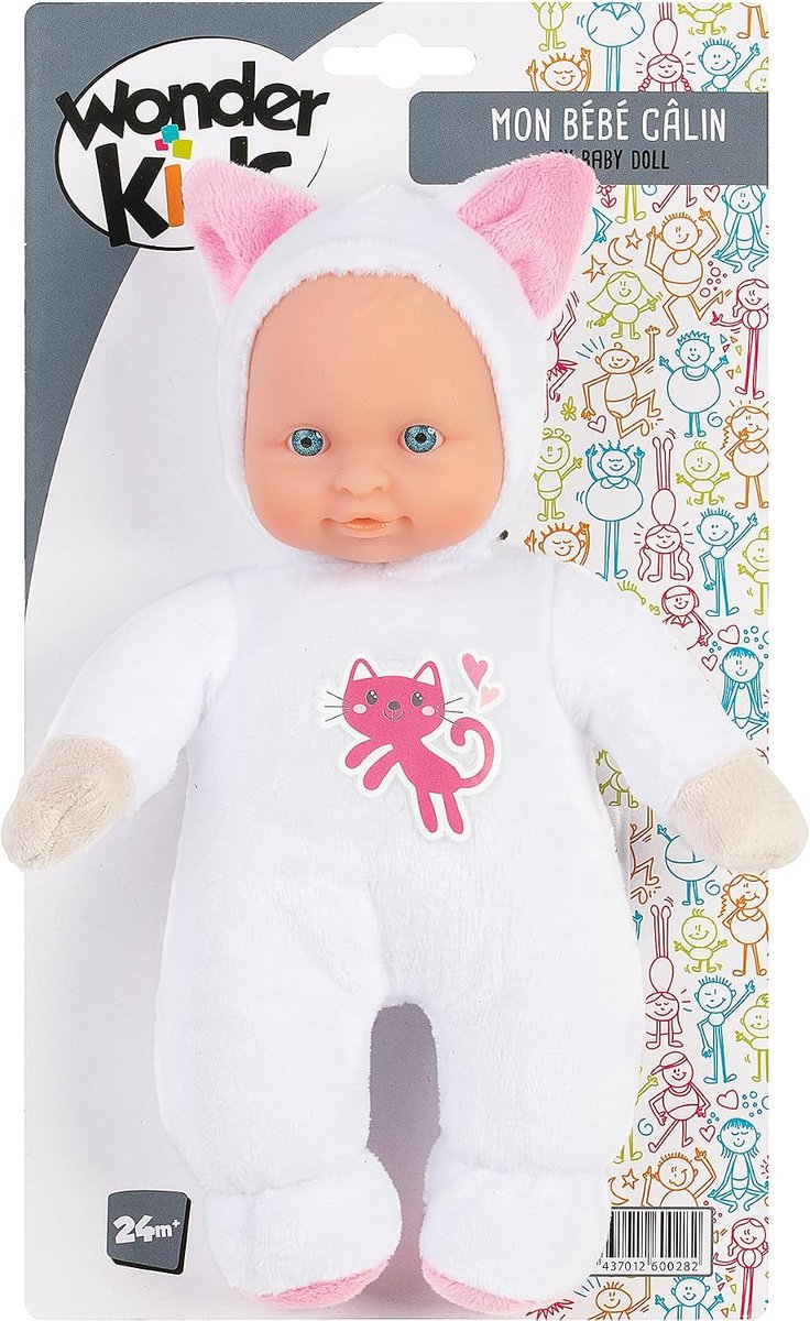 SnelShoppen - Schattige Knuffelpop Baby in Dierenkostuum - Zachte Pop voor Kinderen 12 Maanden en Ouders - Blauwe Ogen, Jumpsuit met Oren, Plastic Hoo