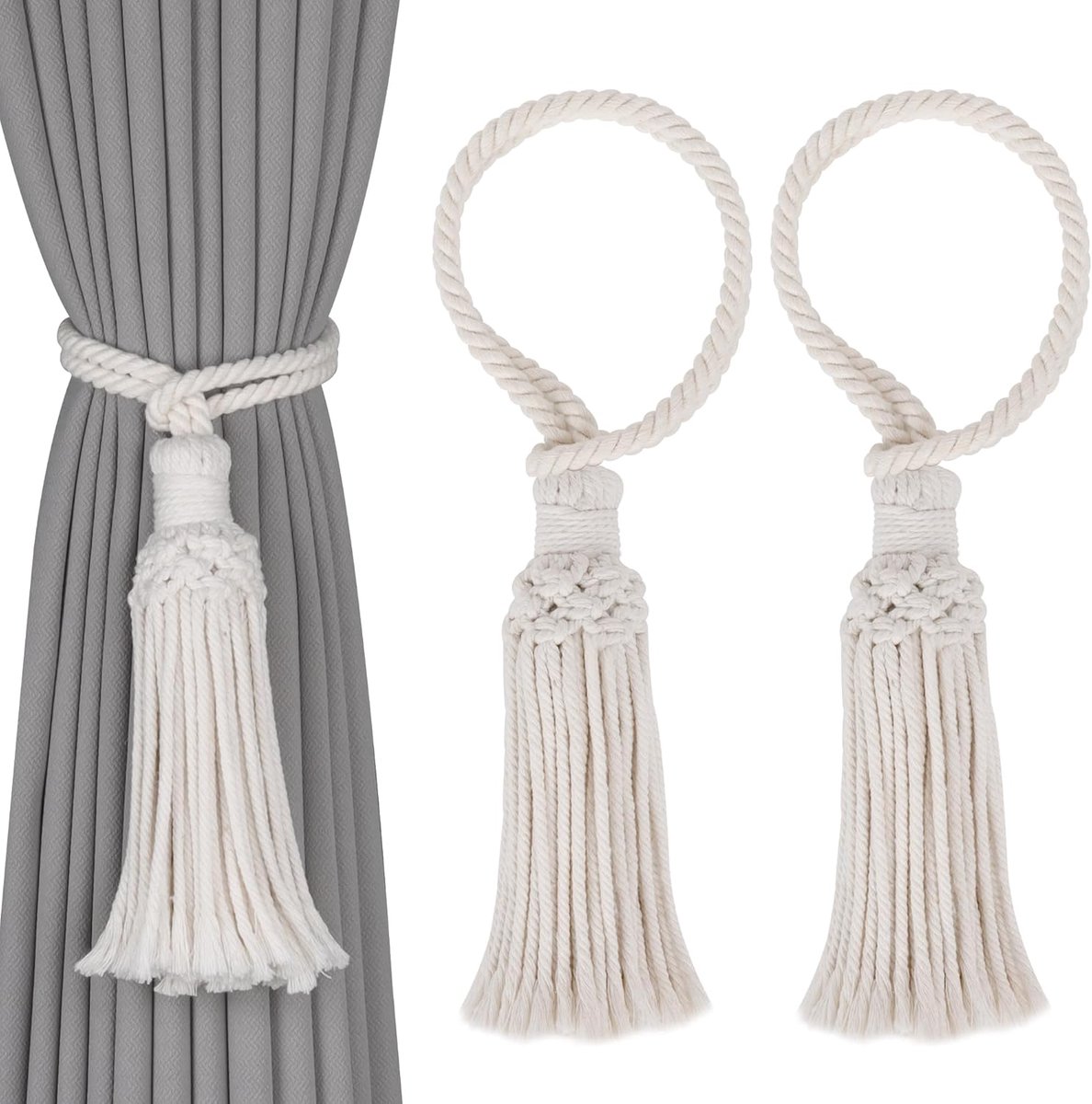 SnelShoppen - 2pcs Boho Decoratieve Gordijnbinders Handgeweven Katoen Zonder Boren, Gordijnhouders met Franje, Gordijn Ties en Franjens voor Gordijnen