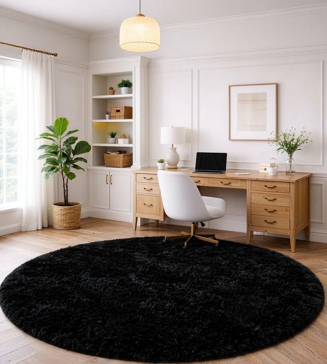SnelShoppen - Rond Fluffy Pluche Vloerkleed 100x100 cm voor Slaapkamer en Woonkamer - Zacht Kindervloerkleed voor Meisjes - Modern Cuddly Tapijt in Zw
