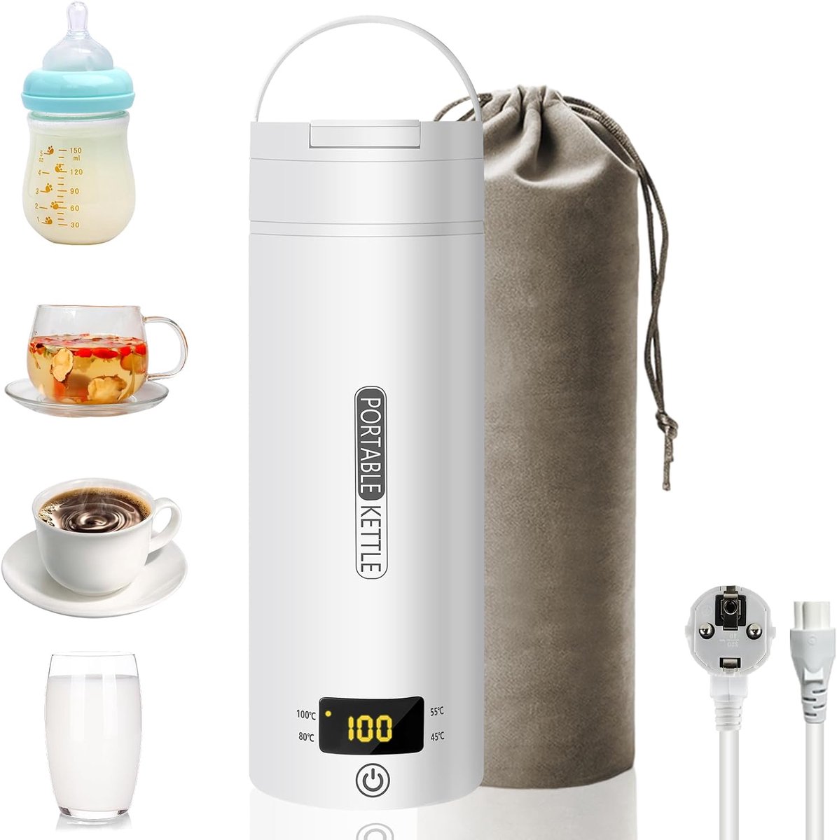 SnelShoppen - Draagbare Elektrische Reiswaterkoker 500ml, 300W Mini Waterkoker, RVS 316, Wit, Perfect voor Camping en Reizen
