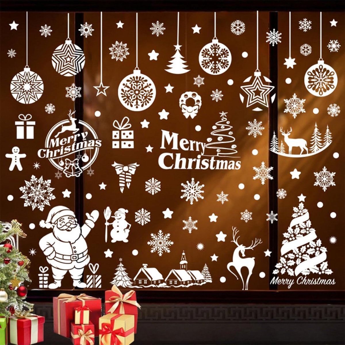 SnelShoppen - 9 Bladeren Kerstvensterstickers Zelfklevend, Herbruikbare PVC Raamdecoraties met Sneeuwvlokken, Kerstversiering voor Deuren, Ramen en Ko