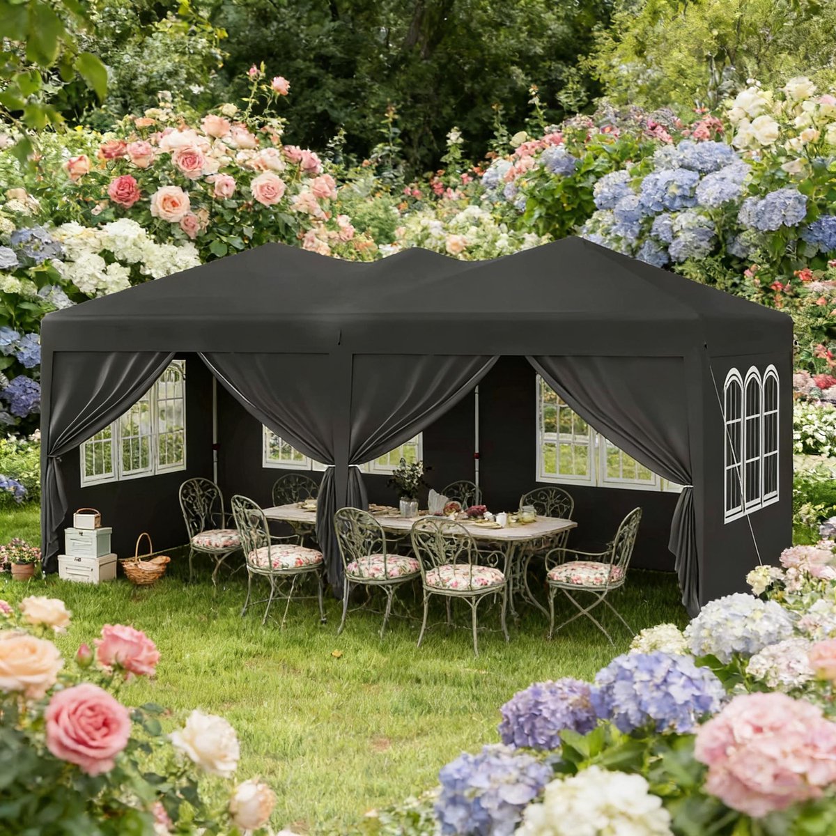FloraGrace Partytent – 581 x 293 x 265 cm – Snel Opzetbaar Met Afneembare Zijkanten – Oxford Stof En IJzer – Grijs – Voor Tuinfeest En Markt