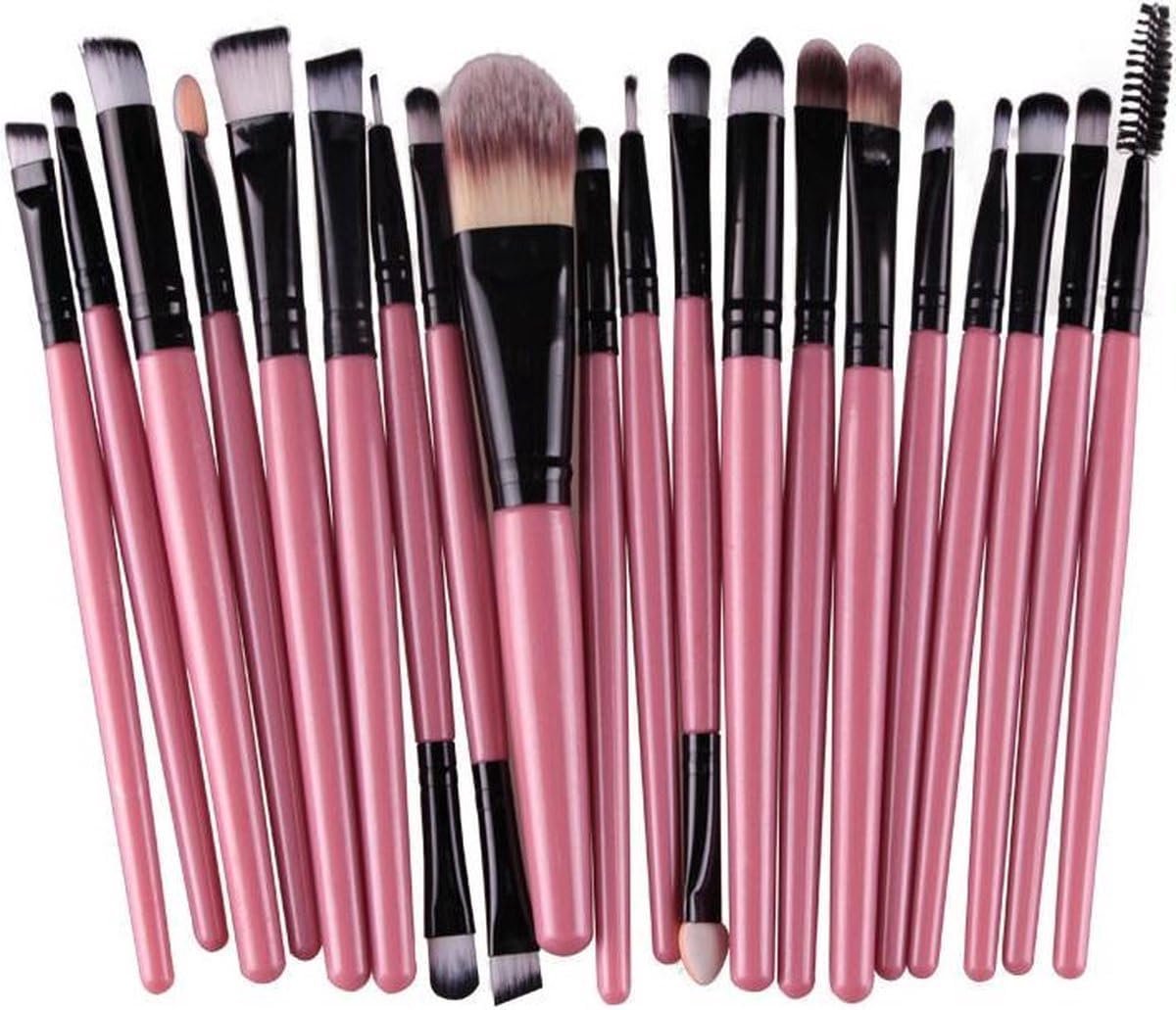 SnelShoppen - 20-delige Make-up Kwasten Set - Roze/Zwart - Oogschaduw, Foundation, Poeder, Eyeliner, Wimpers, Lippen - Cosmétique Beauty Tool Kit - Pe