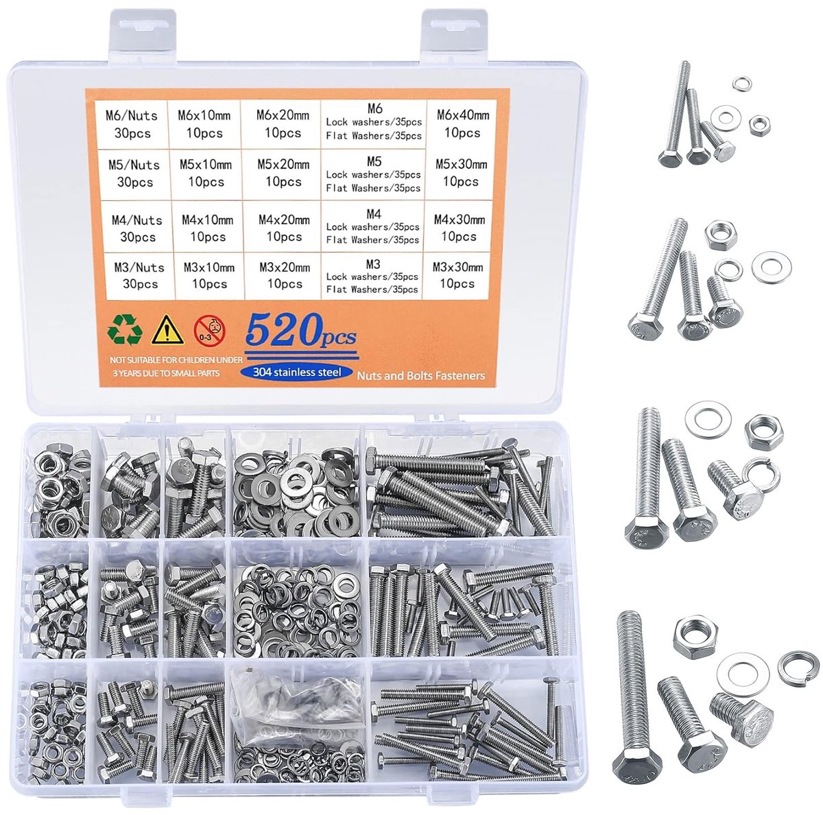 SnelShoppen - 520-set Hex Head Schroeven, Moeren en Ringen, M3/M4/M5/M6 RVS, Volledige Draad, Montage Schroeven voor Assemblage, Compleet Schroevenbox