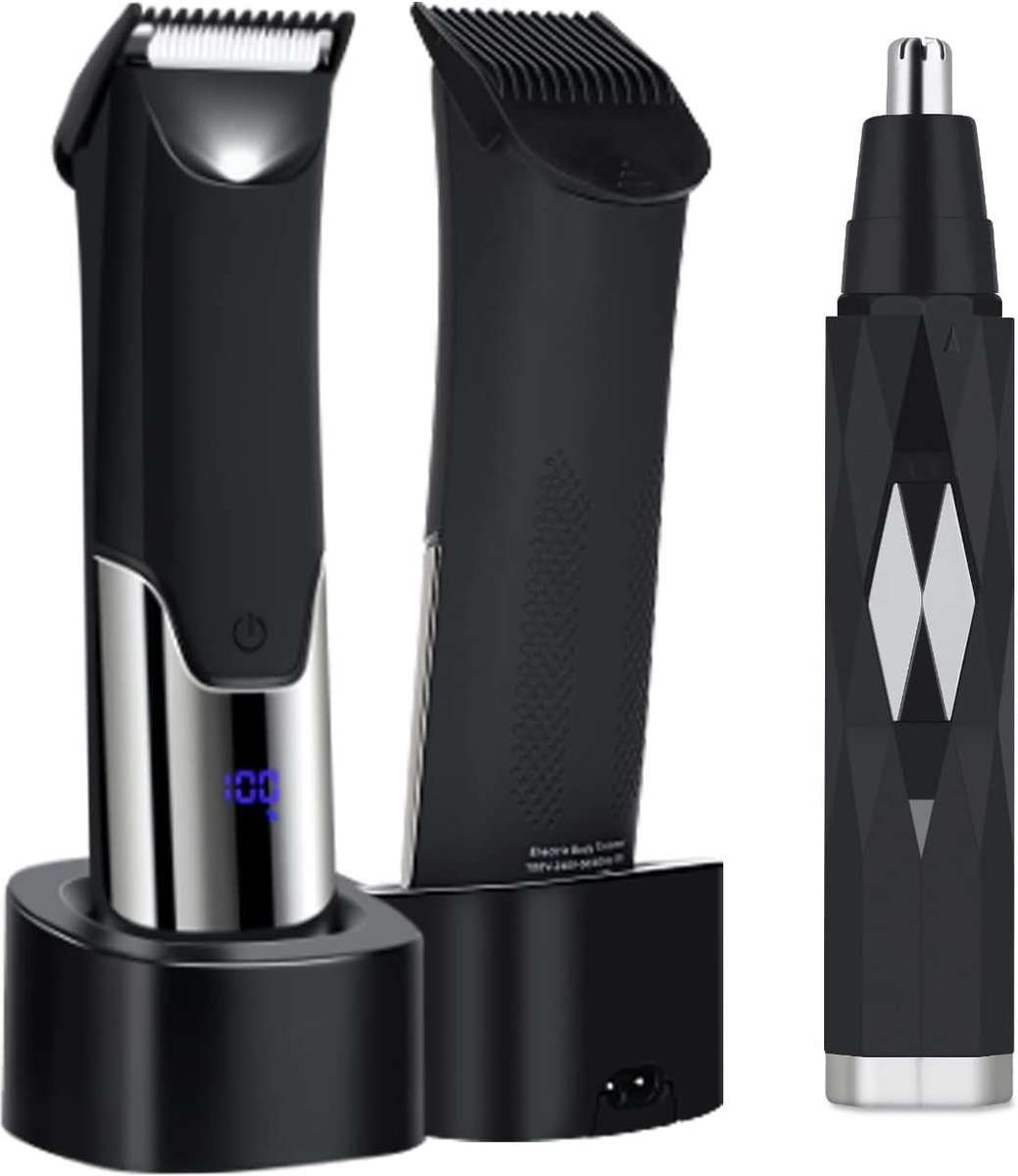 SnelShoppen - Waterproof Elektrische Baard- en Lichaamshaartrimmer voor Mannen en Vrouwen, LED Display, Neus- en Oorclipper, Voor de Gevoelige Gebiede