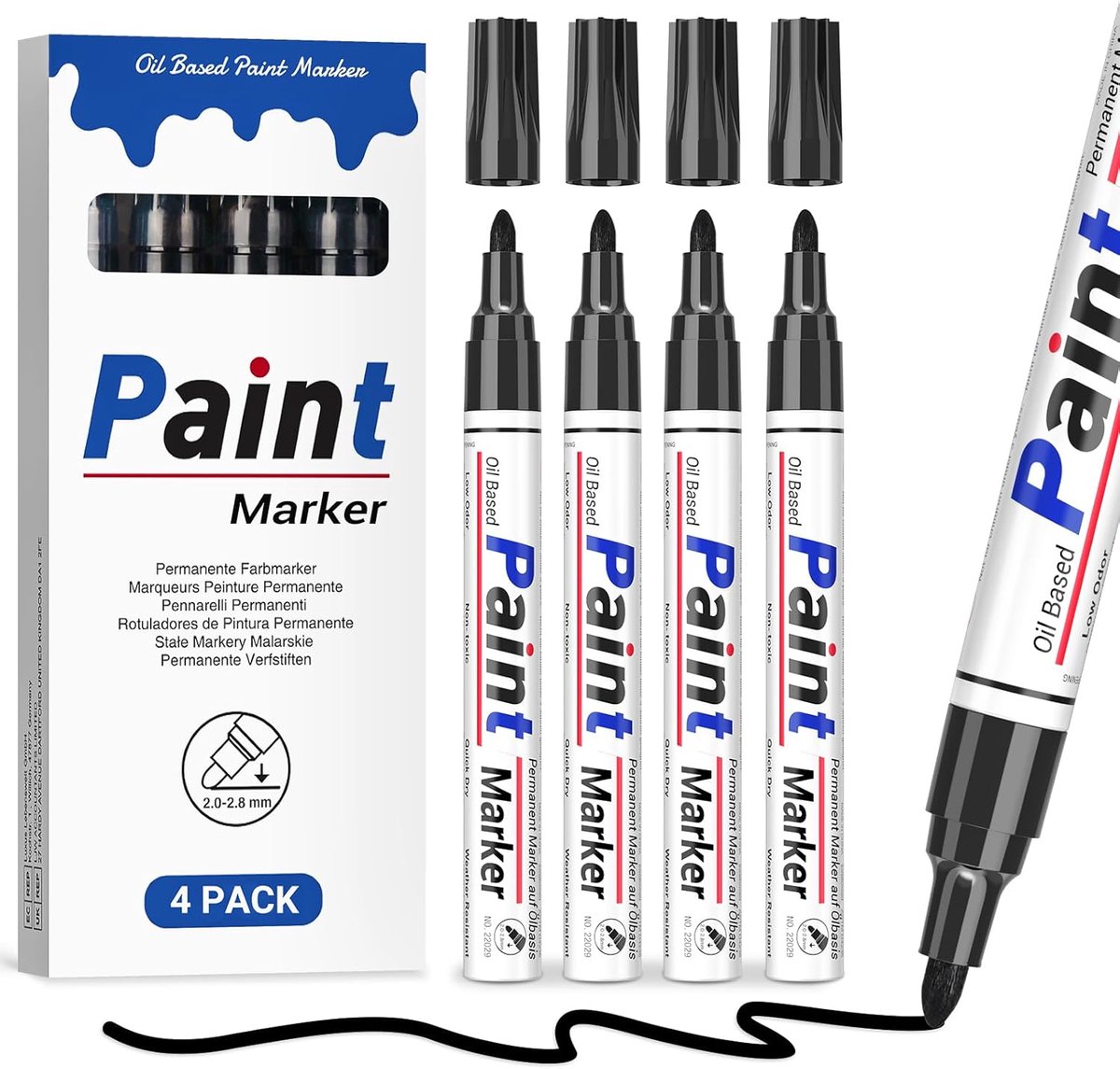 SnelShoppen - 4 Stuks Permanente Markers Zwart, Waterdicht, Sneldrogend, 2-2.8 mm Verfpen, Voor Karton, Glas, Plastic, Metaal, Hout, Creatief Gebruik