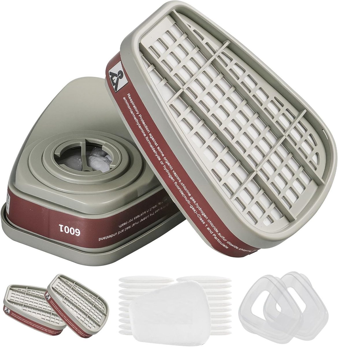SnelShoppen - 6001 Respirator Filter Cartridges Set - 2 Filter Cartridges + 20 Stuks Witte Filter Katoen + 2 Covers - Anti-Stof Gas Organische Damp Pa