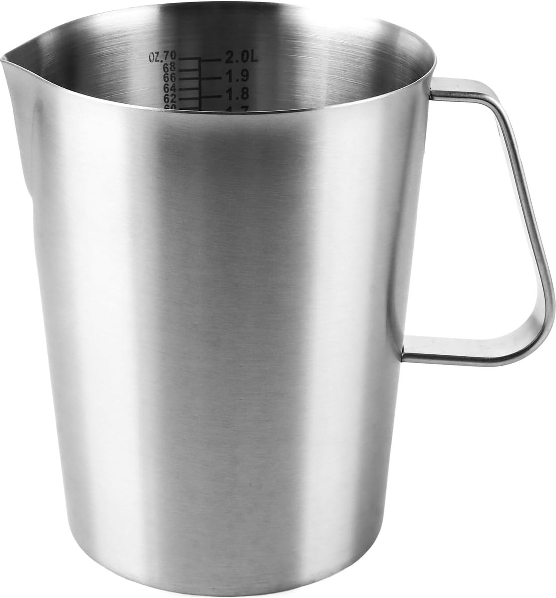 SnelShoppen - Zilveren roestvrijstalen maatbeker 2L met handvat, 15x12x18,3 cm mengbeker voor staafmixer, barista melkkannetje, robuust en duurzaam vo