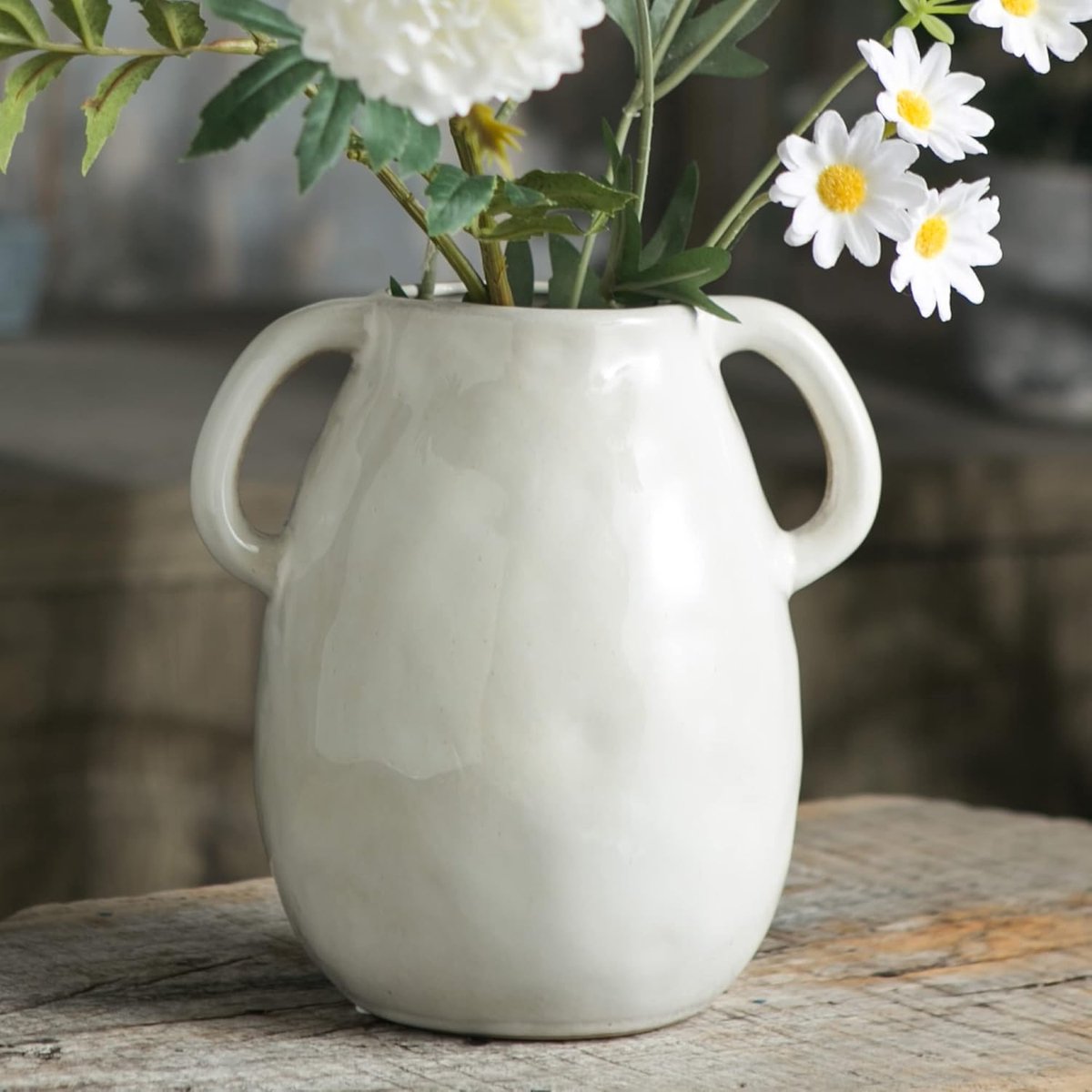 SnelShoppen - Decoratieve Witte Keramische Vaasje met 2 Handvatten, Modern Boerderij Stijl Bloemenvaas, 7 Inch Hoog, Duurzaam Keramiek voor Huisdecora