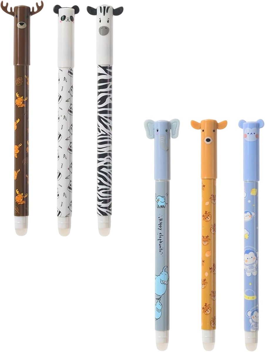 SnelShoppen - Erasable Gel Pens - 6 Stuks - 0.5 mm - Schattige Dieren Motieven - Ideaal voor Kinderen en Studenten - Perfecte Geschenkset voor School