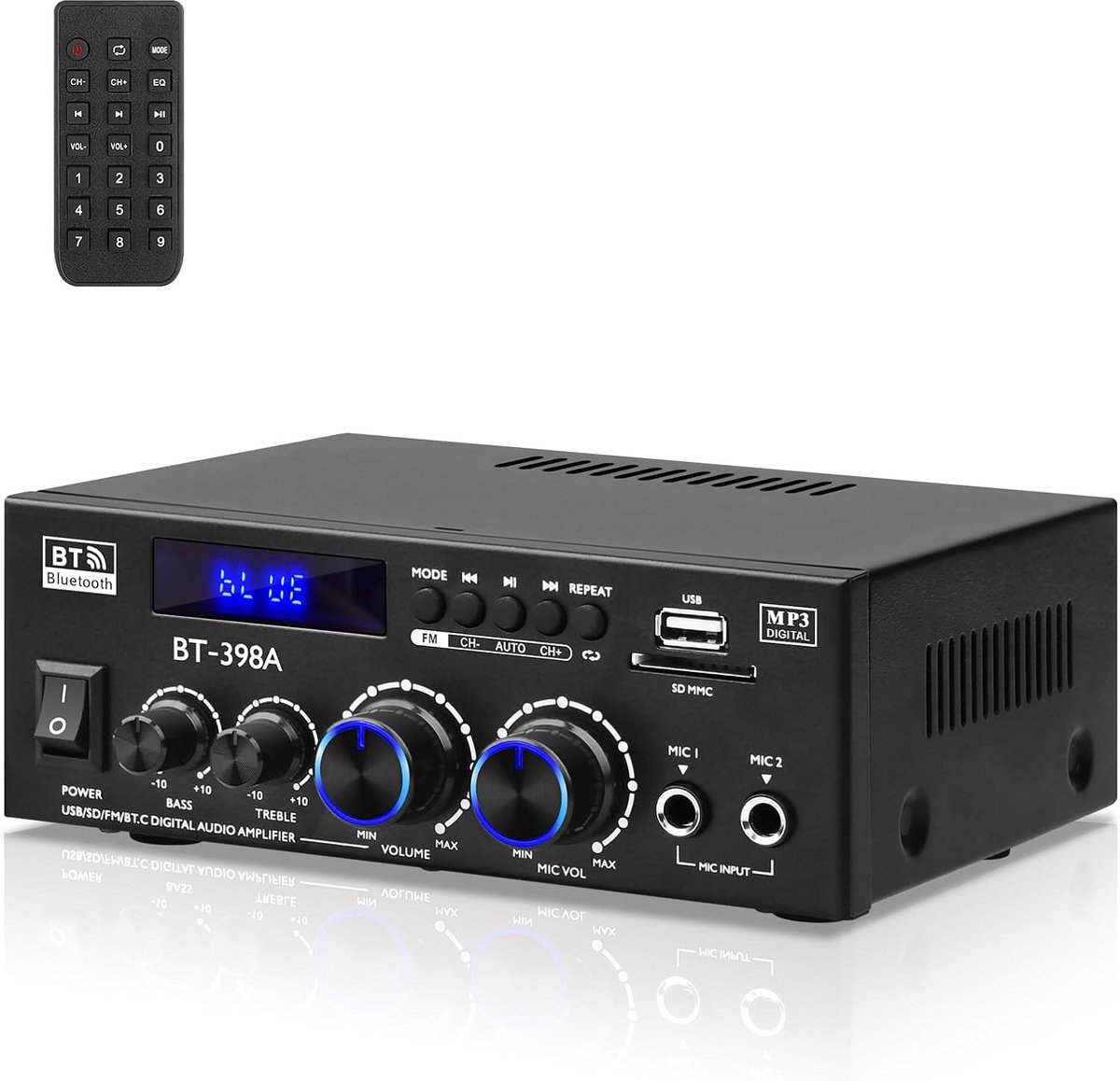 SnelShoppen - BT-398A Bluetooth Audio Amplifier 60W X2 Mini Versterker met USB, SD, FM Radio, 2 Microfoon Ingangen voor Thuisbioscoop en Feest
