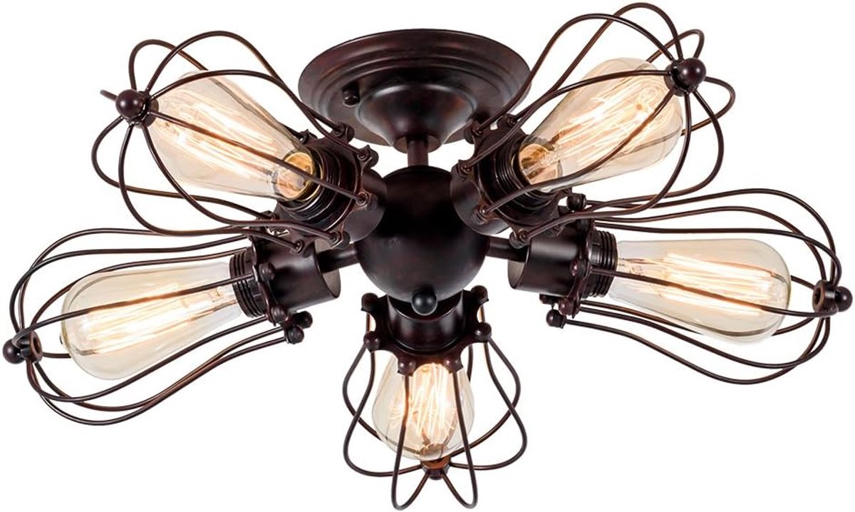 SnelShoppen - Vintage Plafondlamp Industriële Chandelier E27 Fitting Metaal Kooi Lamp Semi-Flush Mount Rustiek 5 Lichten - Retro, Antiek, Verstelbaar