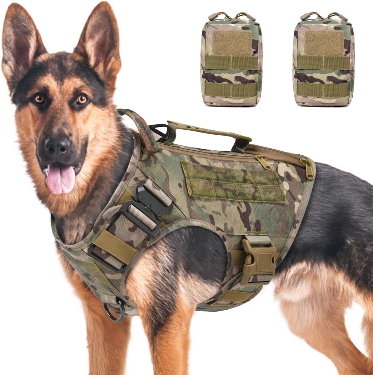 SnelShoppen - Tactical Dog Harness voor Middelgrote en Grote Honden, Verstelbaar No Pull Hondenharnas met Molle Loop, Camo met Twee Zakjes, M