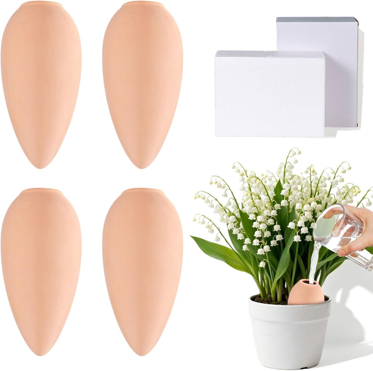 SnelShoppen - Set van 4 Kegels van Klei, Zelfbewateringssysteem voor Planten en Potten, Terracotta Waterspikes, Automatische Druppelirrigatie voor Bin