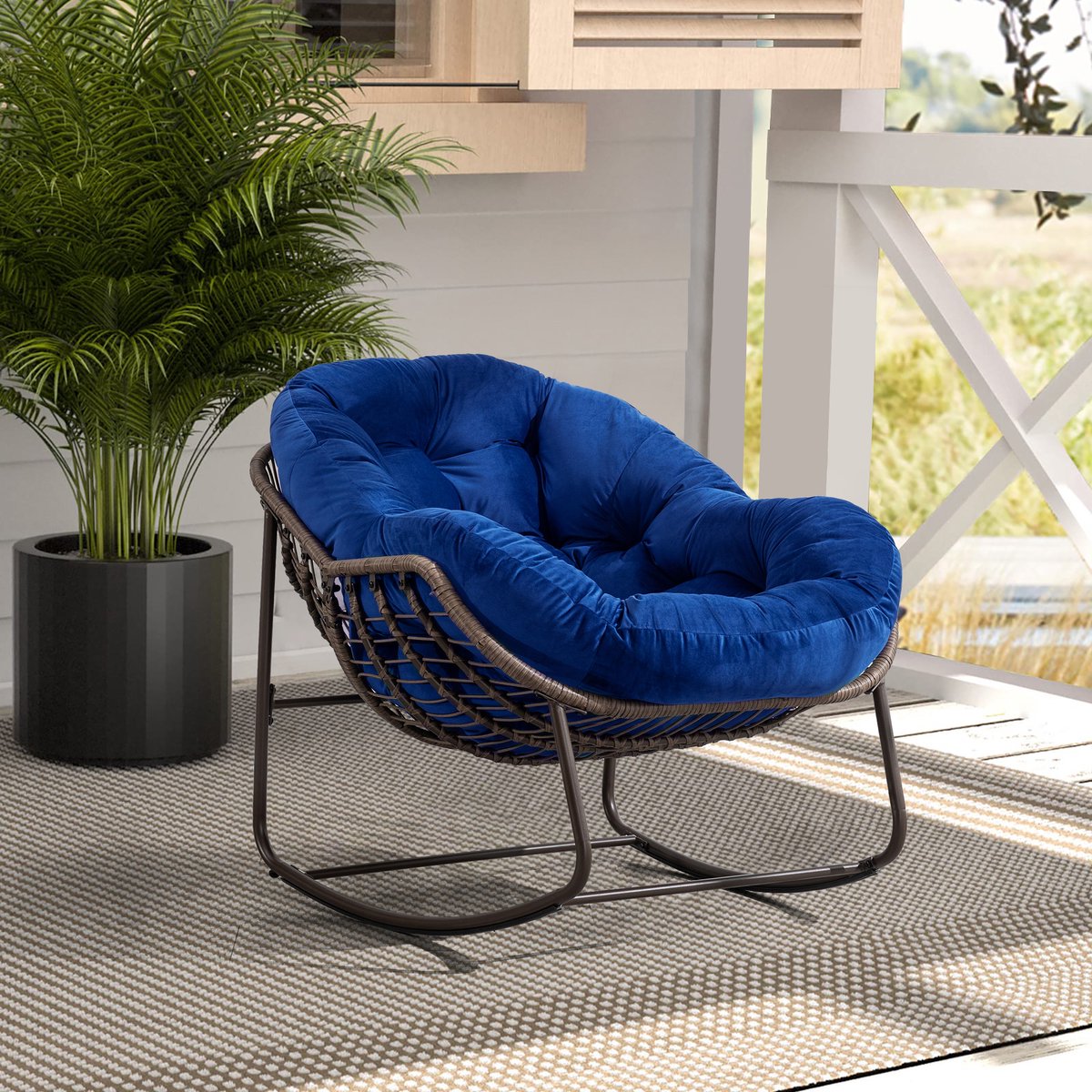 Intebiki fauteuil - schommelstoel tuin buiten - loungestoel - rotan tuinstoel - geschikt voor balkons, gangen, tuinen, achtertuinen en patio's - marineblauw