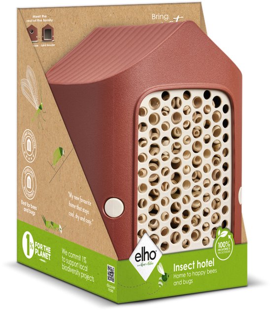Verpakking van een insectenhotel, roodbruin van kleur, met illustraties van insecten.