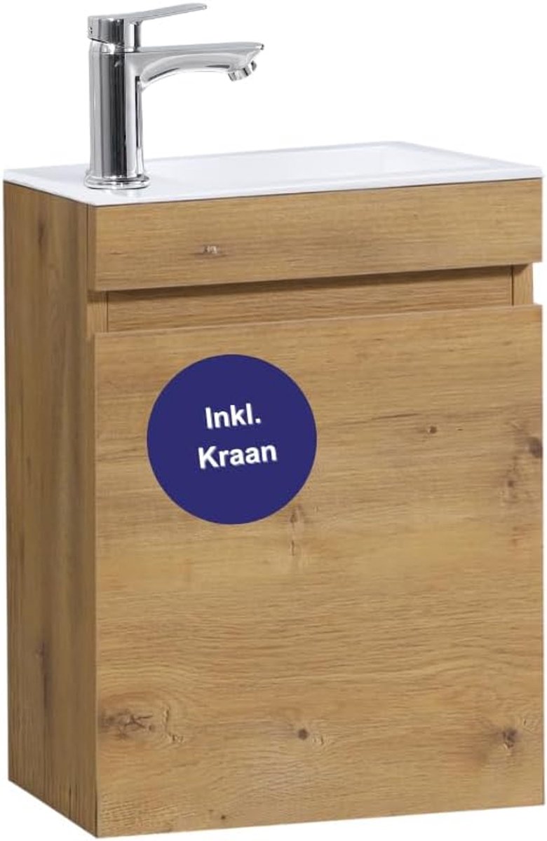 SnelShoppen - Gastentoilet Wastafel Set Badkamermeubels, Voorgeassembleerd, Kleine Wastafel met Onderkast (Eiken 40cm, Inclusief Chroom Kraan)