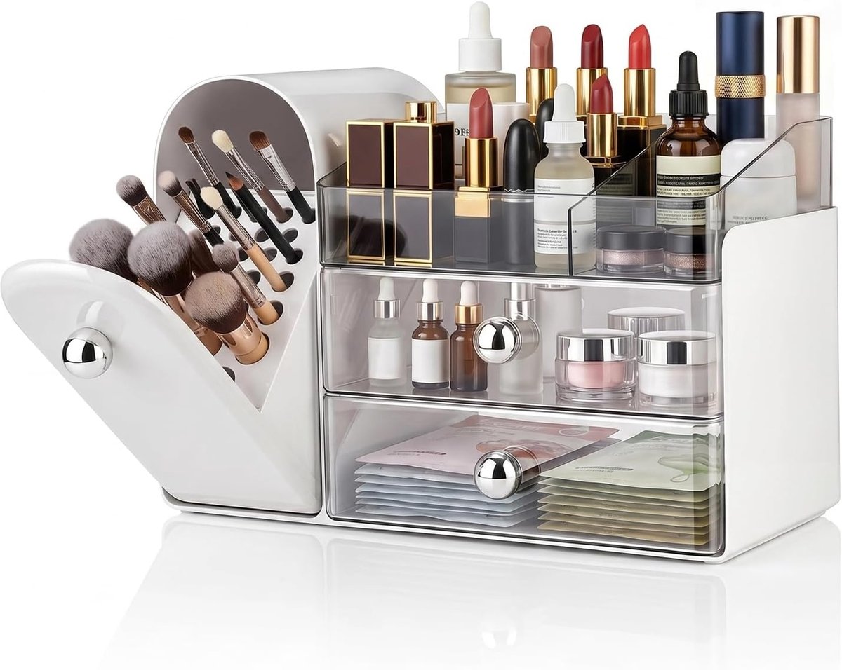SnelShoppen - Grote Makeup Organizer met Lades, Cosmetica Opbergdoos voor Make-up Tafel, Brush Storage, Wit, Perfect voor Badkamer en Cosmetica Opslag