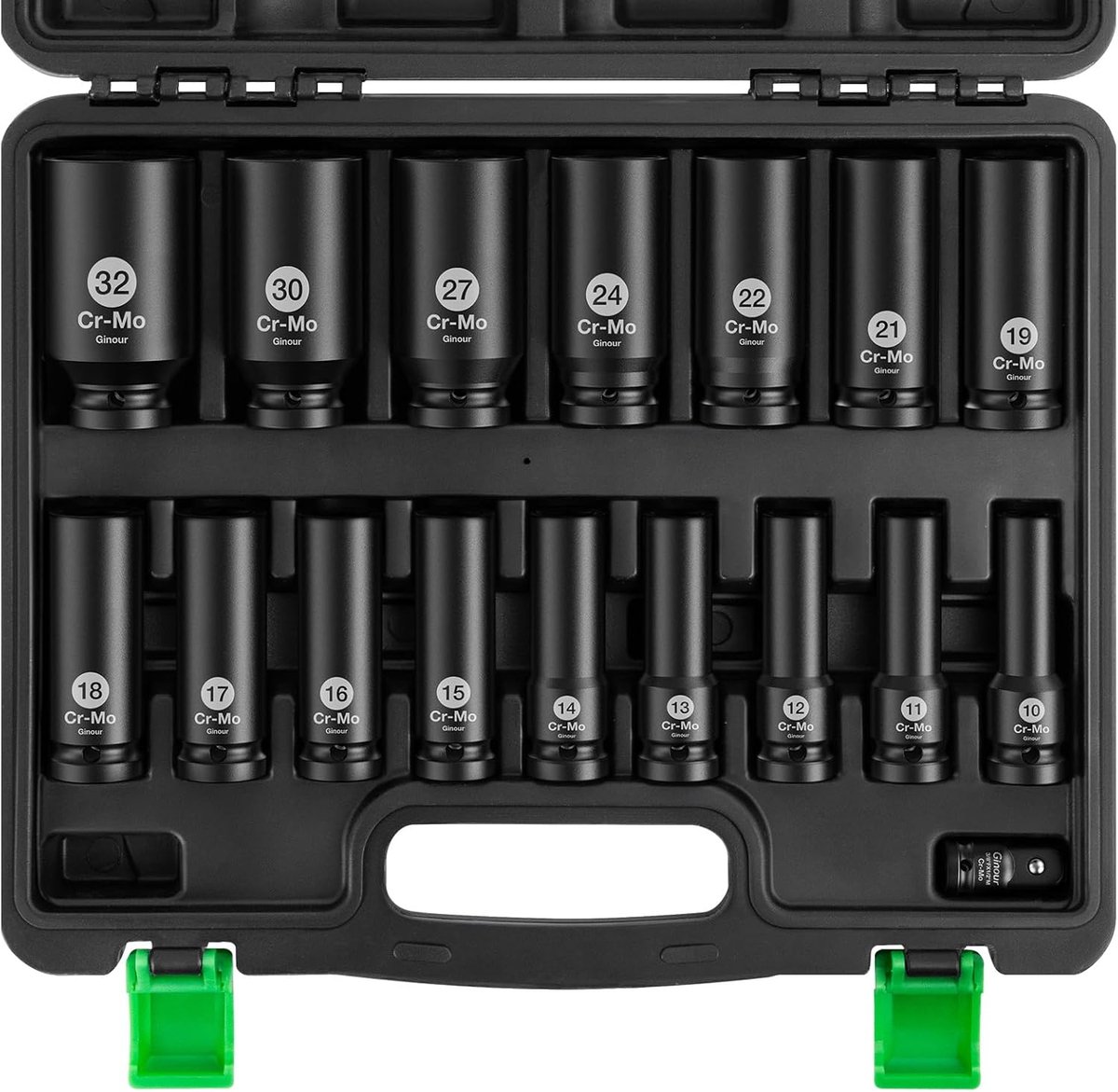 Thijox - 17-delige Slagsleutelset 1/2 inch en 3/8" Adapter - CR-Mo Zeskant Slagmoerset - Doppenset 10-32 mm - Roestvrij en Duurzaam Gereedschap