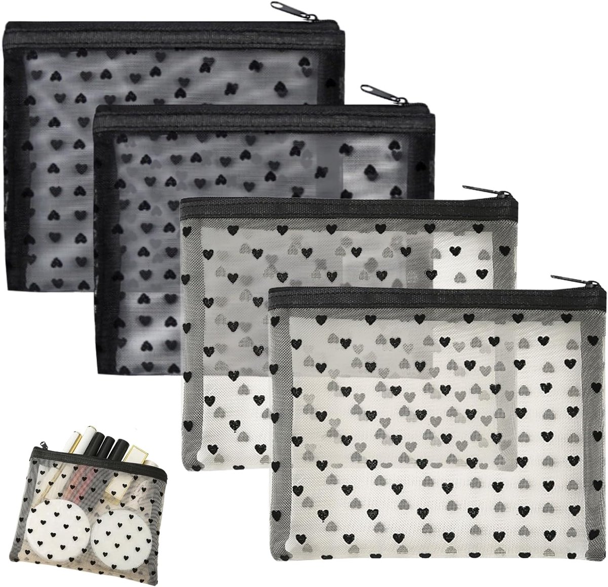 SnelShoppen - 4 Stuks Toilettas Reizen - Transparante Cosmeticatas met Ritssluiting - Beige en Zwart + Wit - 13x10,5 cm - Voor Cosmetica en Reisaccess