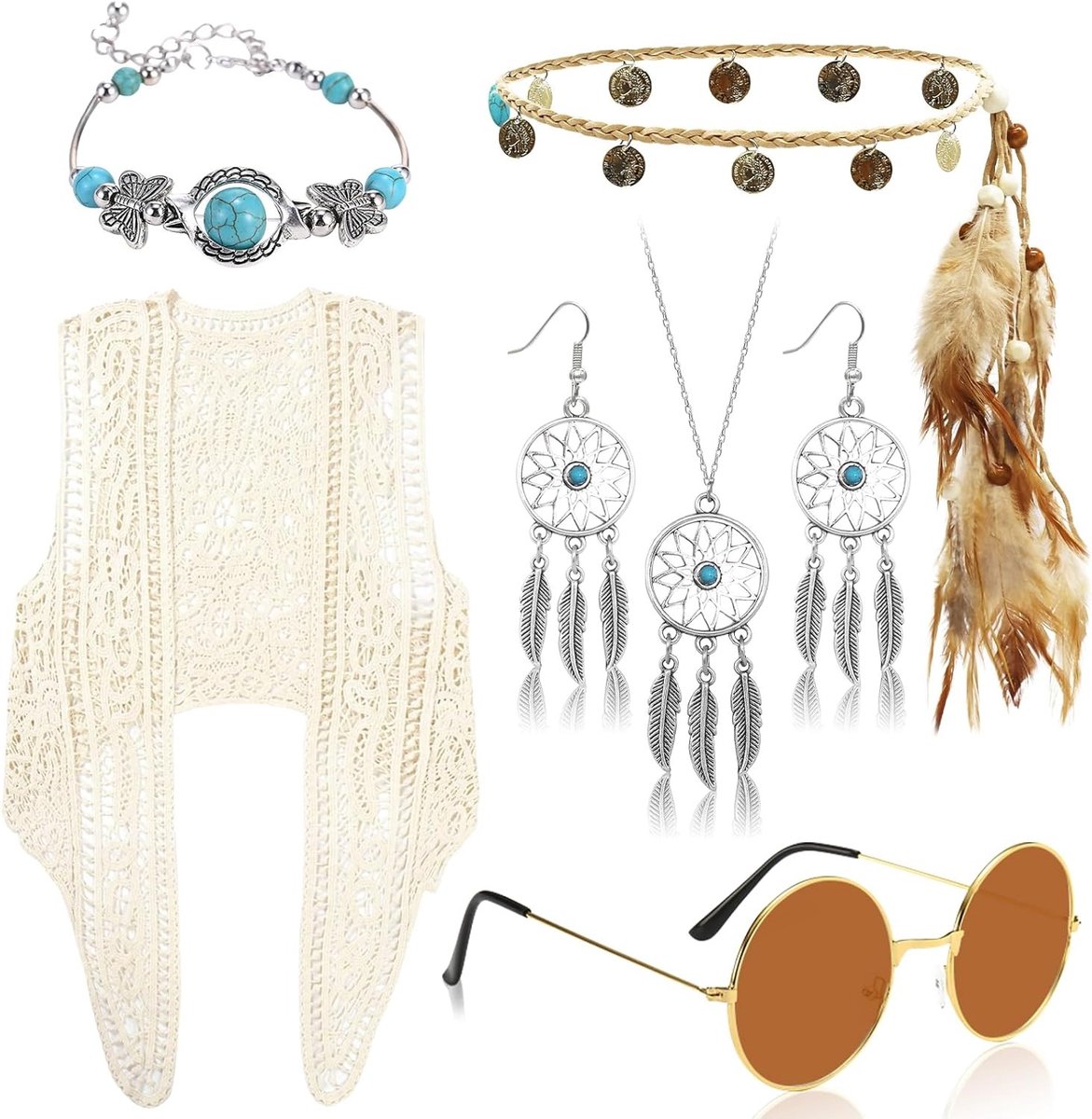 Hippie Kostuum Set voor Dames met Bohemian Haakvest, Verenhoofdband, Zonnebril en Sieraden voor Carnaval, Festival en Feestjes