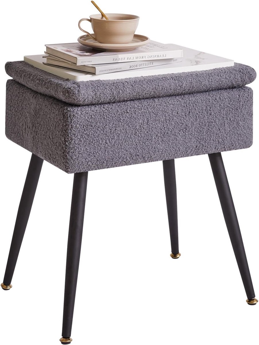 Stijlvolle Kruk voor Make-up Tafel met Opbergruimte, Nep Teddy Berenvacht, Grijs, Ideaal voor Slaapkamer en Woonkamer met Metalen Poten