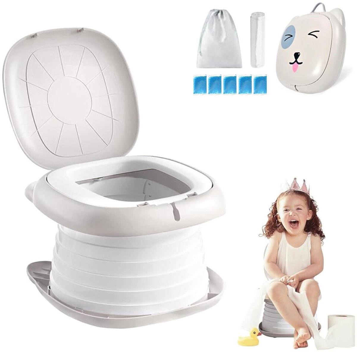 Draagbaar Kinderpotje - Opvouwbaar - Zindelijkheidstraining - Plaspotje Kind - Reis Plaspotje Peuter - Potje Met Deksel - Auto Reizen Reispotje - Kindvriendelijk - Camping Toilet - Toiletemmer - Ideaal voor Onderweg - Jongens en meisjes - Grijs