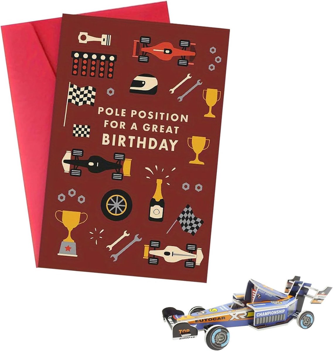 SnelShoppen - Verjaardagskaart met 3D-puzzel voor Mannen en Kinderen, Coole Paarse Auto, Uniek Cadeau voor Autofans, Grappige Kaart met Envelop voor F