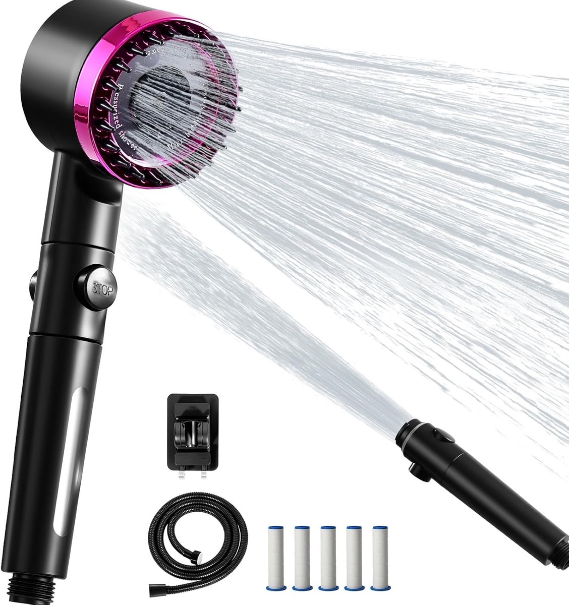 SnelShoppen - Hoge Druk Douchekop met Filter en 5 Vervangfilters, Waterbesparende Douchekop met 1.5m Slang en Houder, Lime- en Chloorfilter, Energiebe