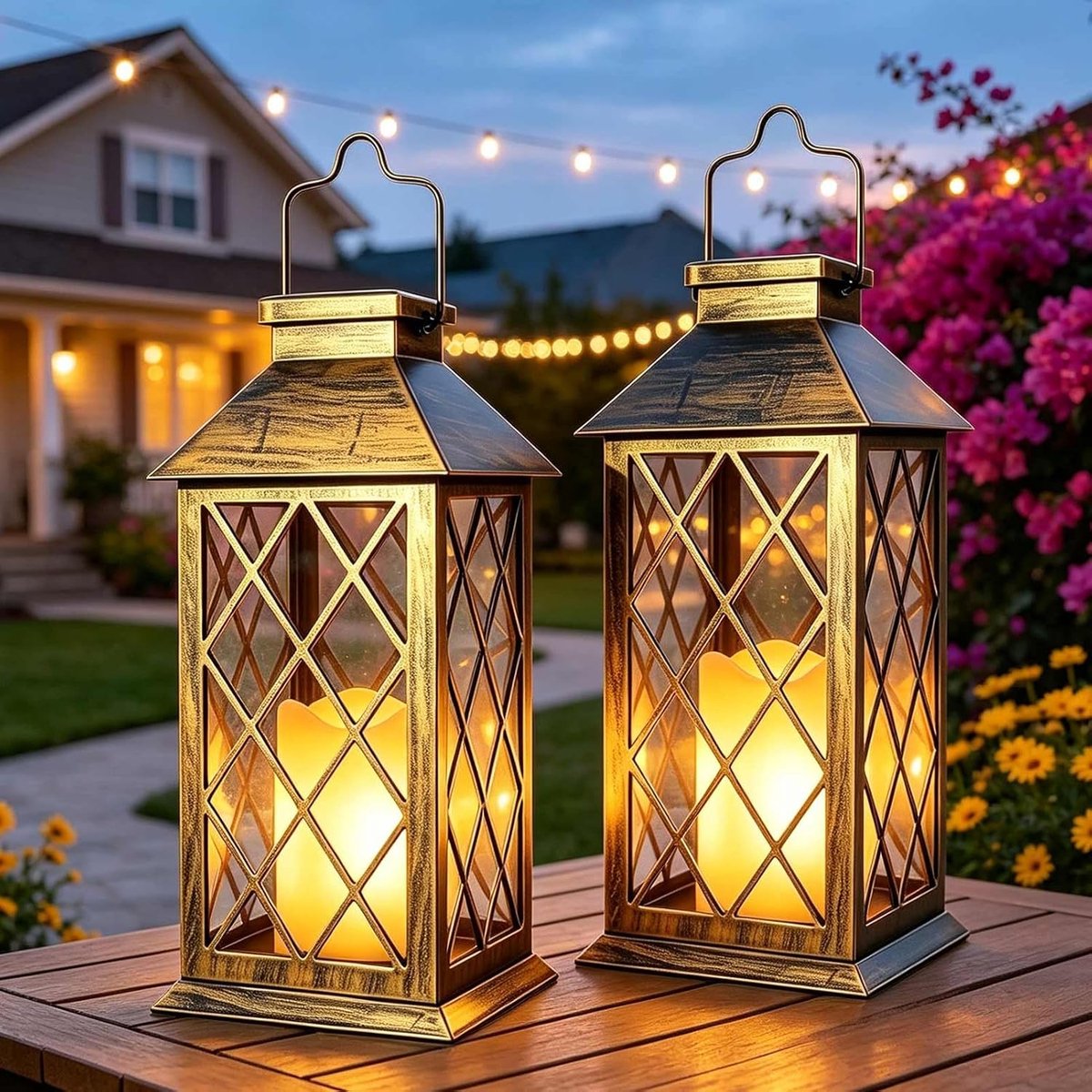 SnelShoppen - 2 Stuks Lantaarn op Zonne-energie Buiten met Flikkerende Kaarsen - Vintage Tuinlantaarns - Weerbestendig Glas - Gezellige Verlichting vo