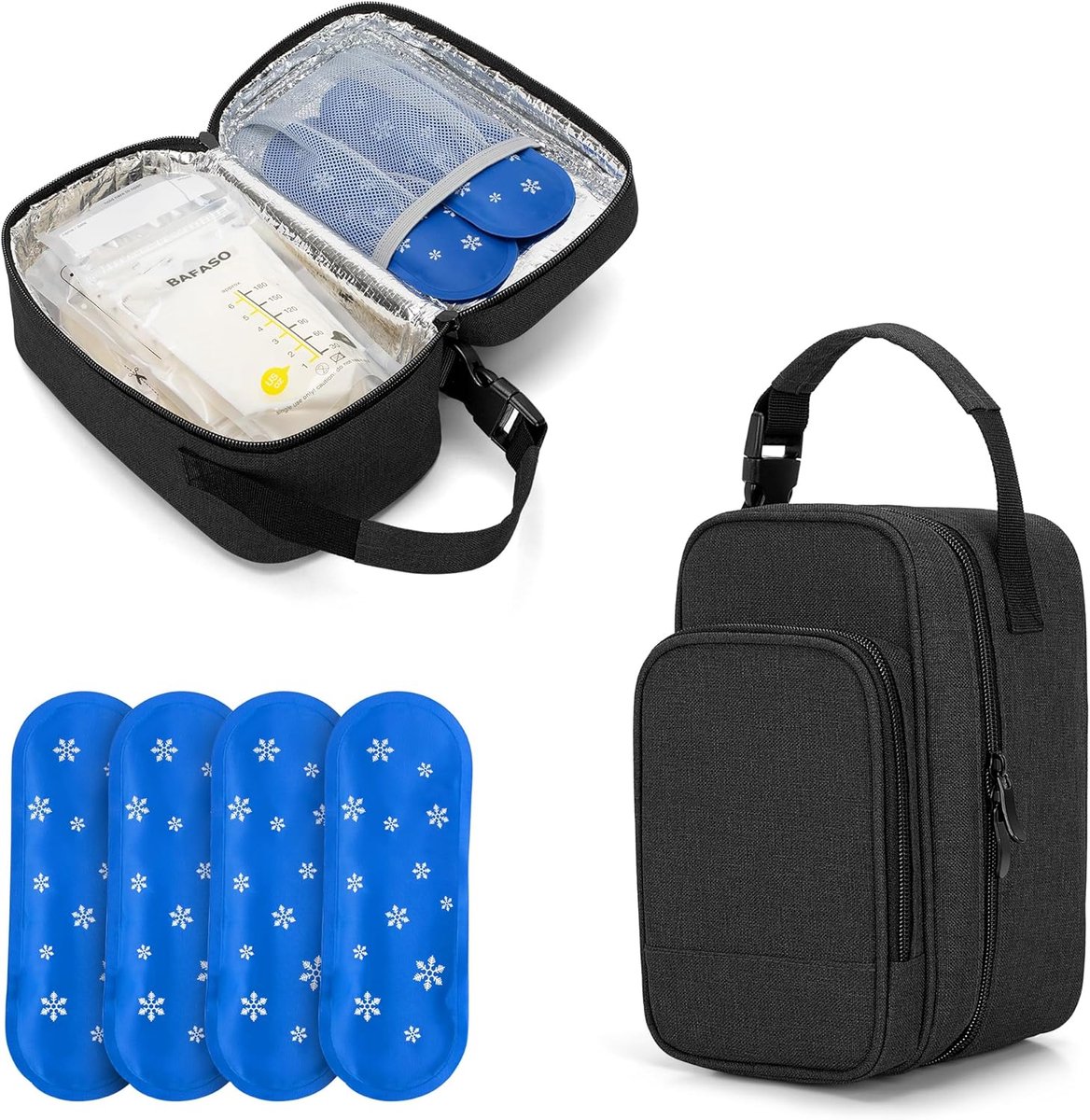 SnelShoppen - Insulated Borstvoeding Koeltas met 4 Gel IJs Packs, Borstvoeding Koeler voor 6 Tassen Melk, Zwart, Duurzaam Nylon, Ideaal voor Moeders o