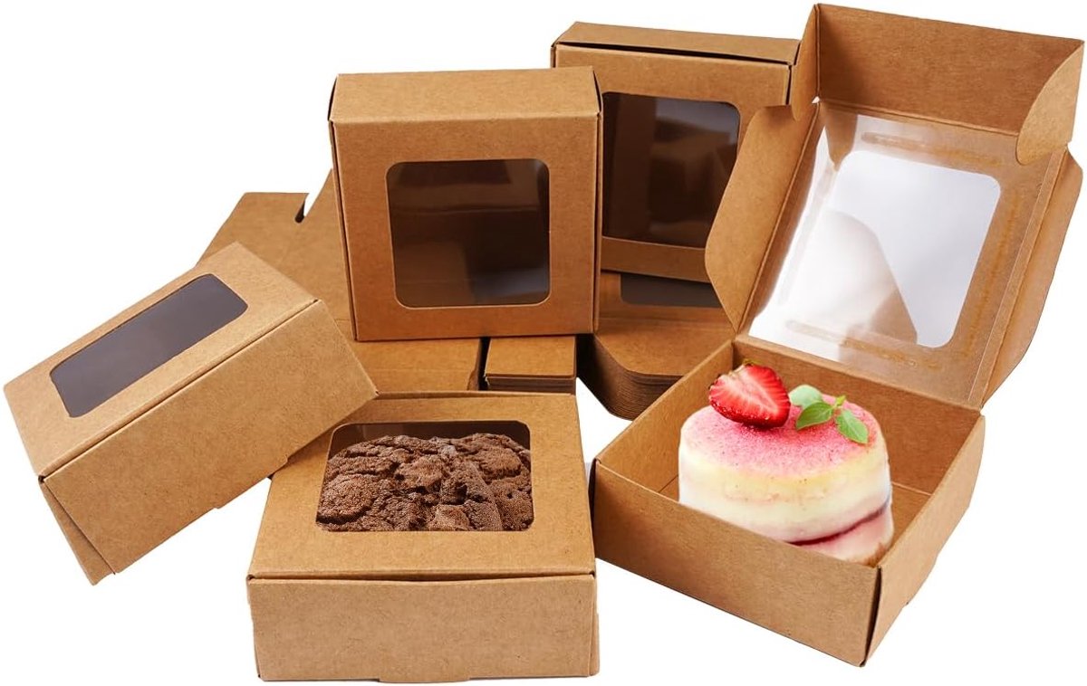 SnelShoppen - 36 Stuks Kraft Papieren Dozen met Kijkvenster 7.5x7.5x3cm - Bruine Cadeau Dozen voor Taarten, Cupcakes, Desserts en Geschenken - Makkeli