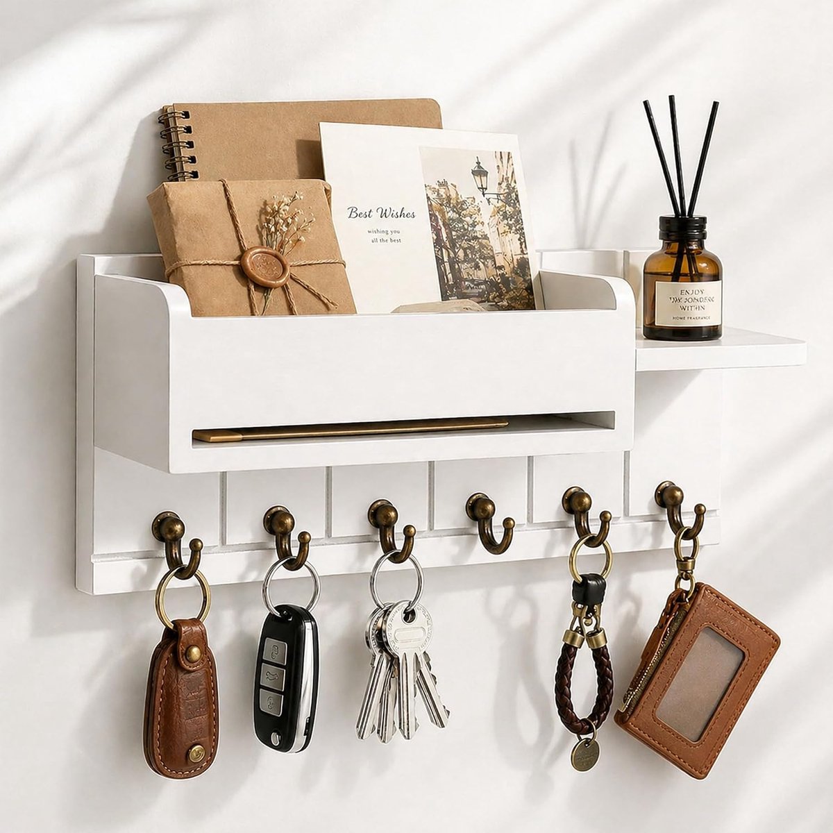 SnelShoppen - Sleutelrek met Plank en 6 Haken, Wandgemonteerde Sleutelhouder van Wit Hout met Brievenbak voor Sleutels en Post, Modern Design voor Hal