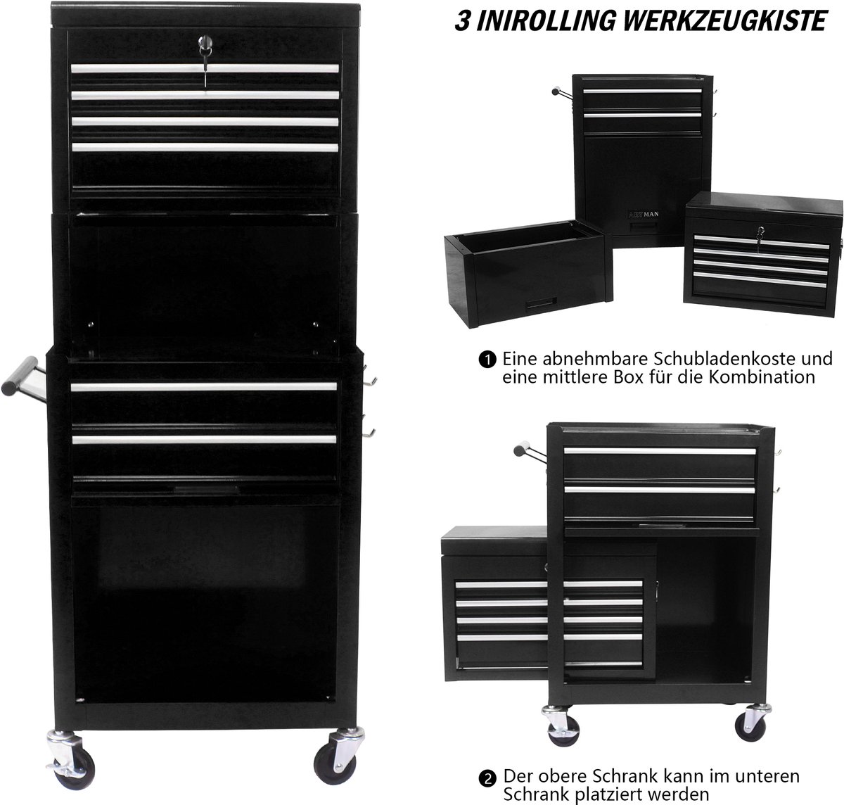 HAUSS SPOLE Gereedschapskar - Afneembare 6 Laden Met Afsluitbaar Opbergsysteem En Wielen - Voor Garage En Werkplaats - Staal - 51 x 53,01 x 110 cm - Zwart
