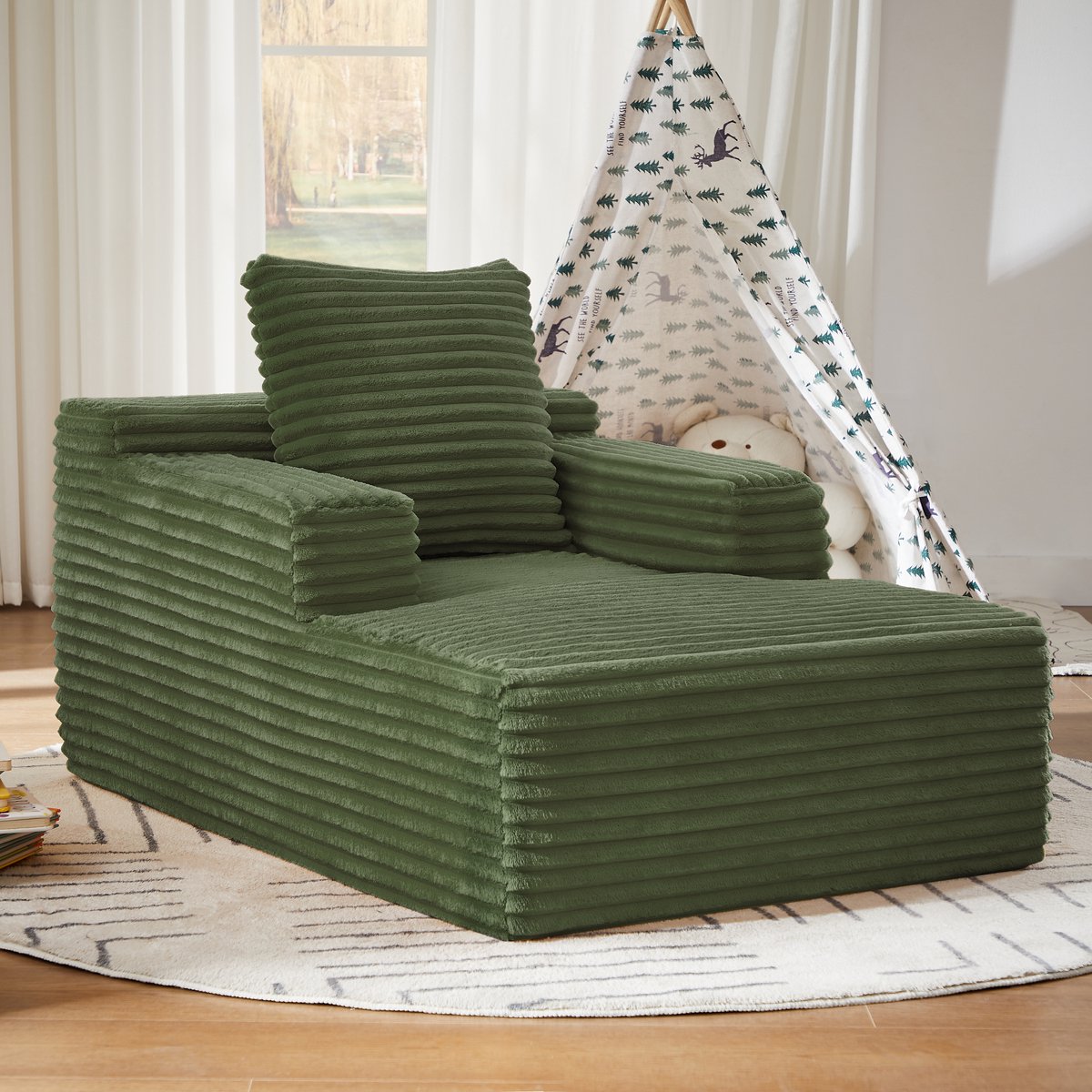 Chaise Longue Ribstof Groen - Modern Relaxsessel Zonder Montage - Voor Woonkamer, Kantoor En Appartement - Zacht En Comfortabel