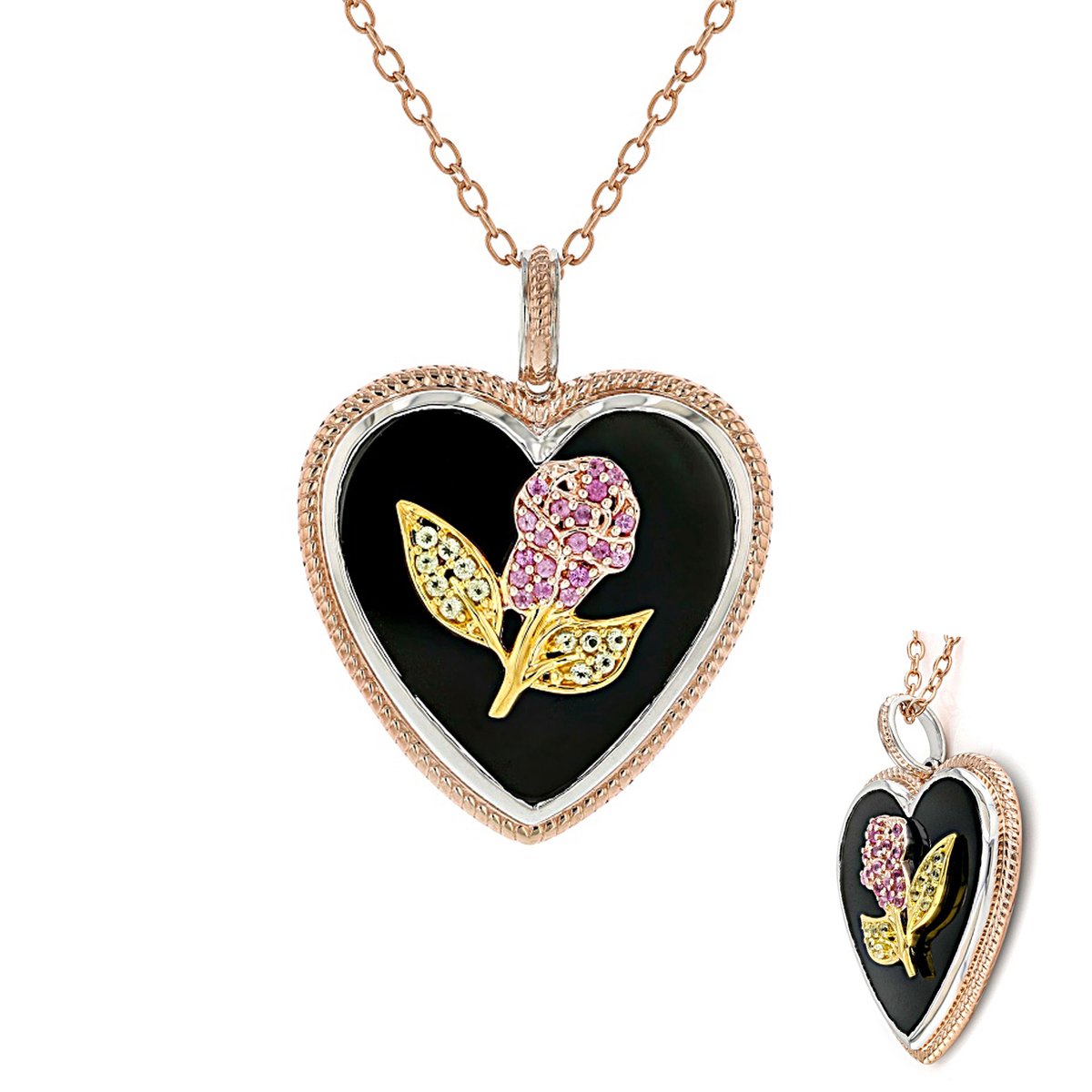 Cavill - Elegante Damesketting - 925 Sterling Zilver Roségoud Verguld - Zwarte Onyx Hartvorm 10,87ct - Roze Saffier & Peridoot