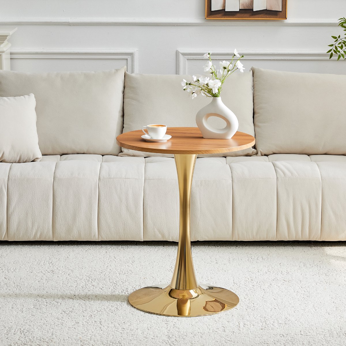 MODENUIT Bijzettafel - Ronde 60 Cm Tafel Met Houtnerf Blad En Goudkleurig Onderstel - MDF - 72 Cm Hoog - Goud Hout