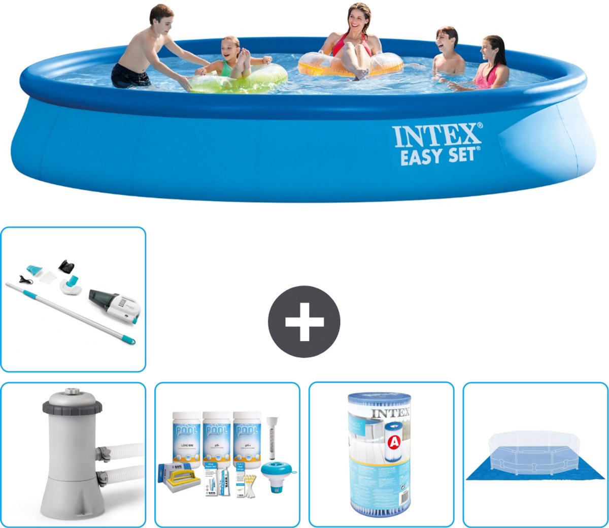 Intex Rond Opblaasbaar Easy Set Zwembad - 457 x 84 cm - Blauw - Inclusief Pomp - Onderhoudspakket - Filter - Grondzeil - Stofzuiger - 6-delig
