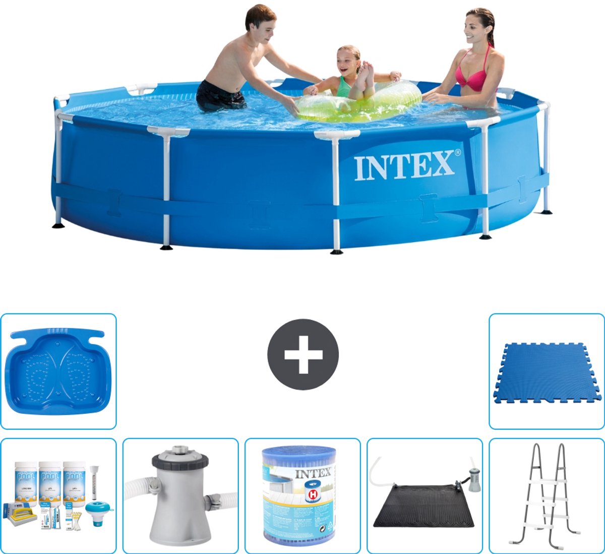 Intex Rond Frame Zwembad – 305 x 76 cm – Blauw – Inclusief Onderhoudspakket – Zwembadfilterpomp – Filter – Solar Mat – Ladder – Voetenbad – Vloertegels – 8-delig