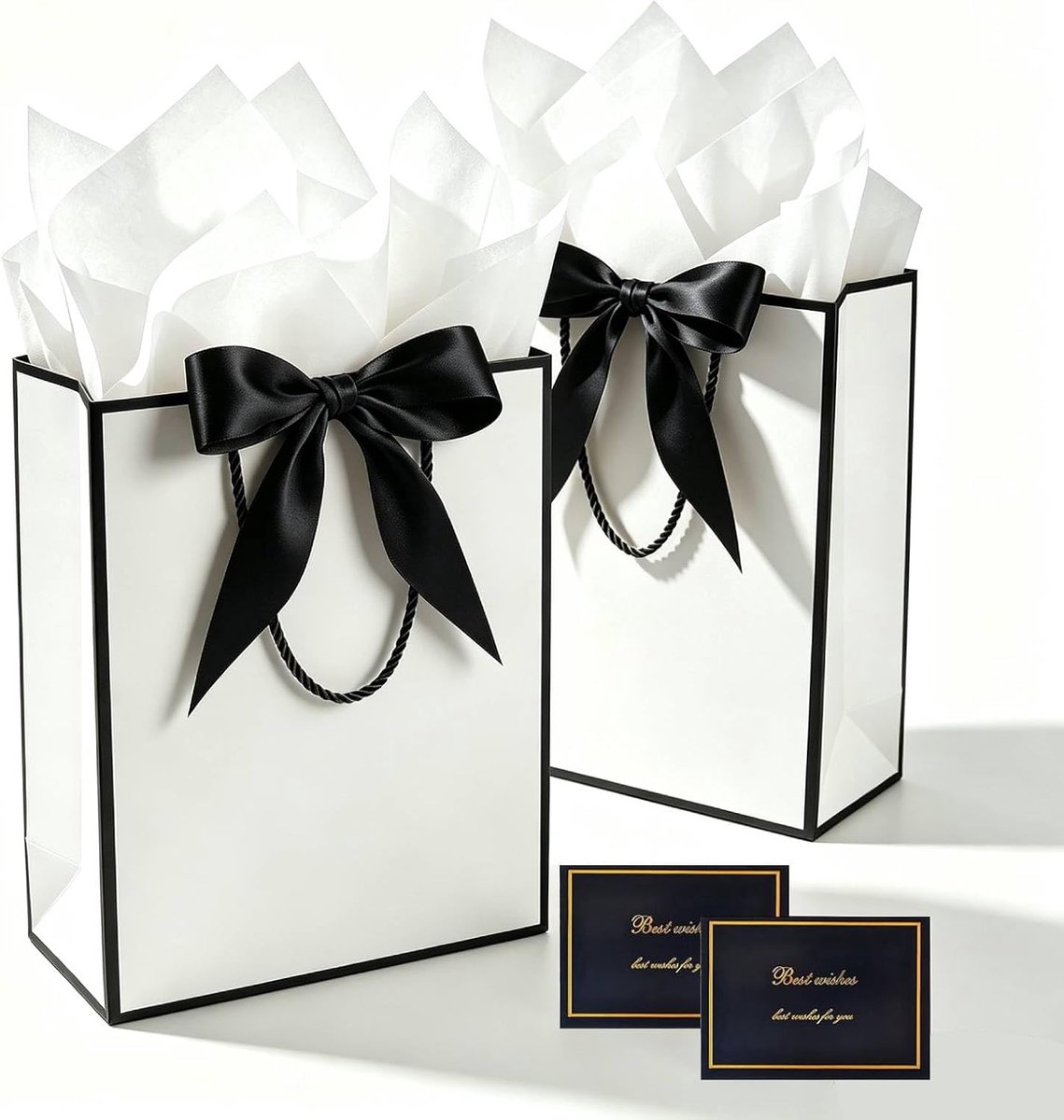 SnelShoppen - 2 Stuks Cadeautassen met Handvatten en Strik, Medium Papieren Cadeautassen Set met Tissue Papier en Wenskaart, Wit met Zwarte Randen voo
