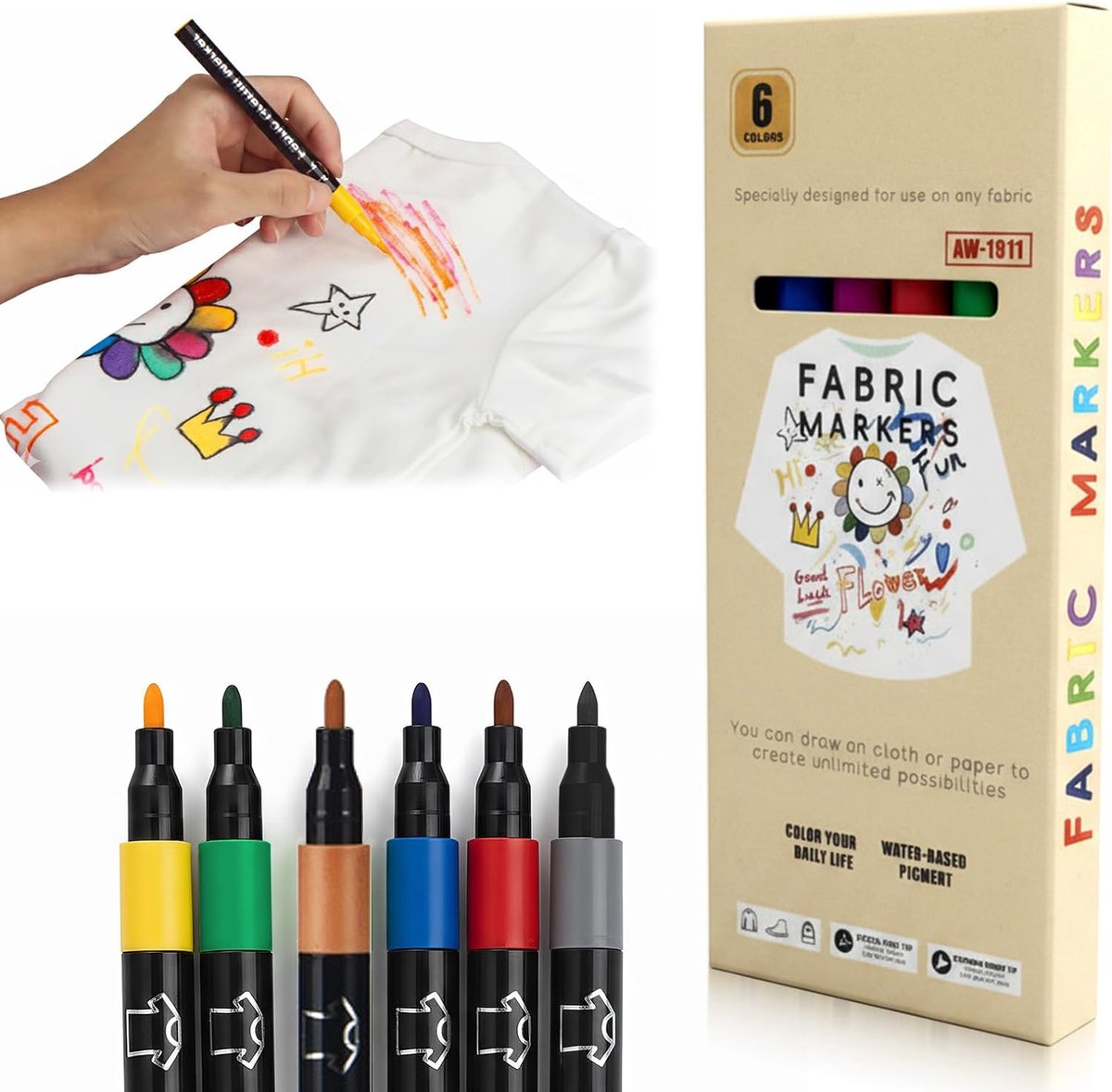 SnelShoppen - Set van 6 Permanente Textielpennen, Permanente Markers voor Personaliseren van Kleding, Canvas, Machinewasbare Stof voor T-Shirts, Tasse