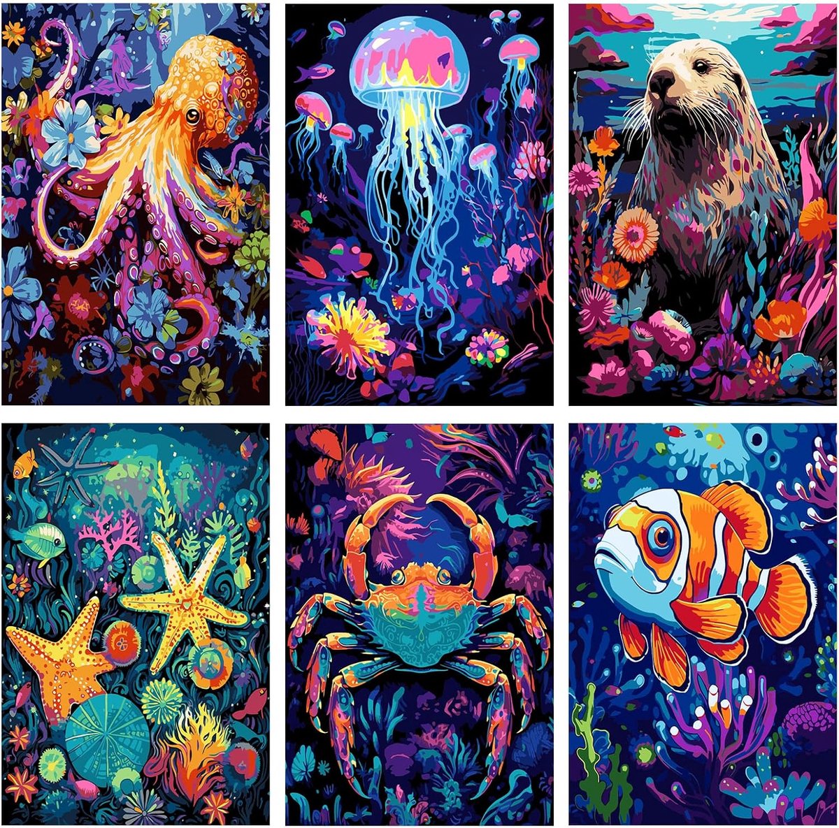 SnelShoppen - Set van 6 Schilderen op Nummer Zeedieren voor Volwassenen - Eenvoudige Acrylkunst Kits op Canvas - Octopus, Zeester en Meer - Kindvriend