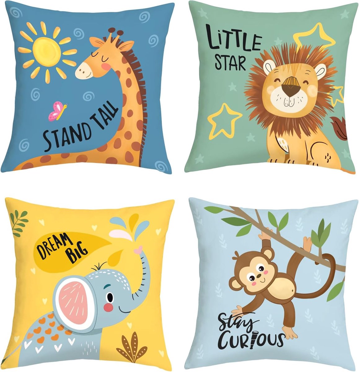 SnelShoppen - Cartoon Dier Kussenhoezen 45x45 cm - 4 Stuks - Baby Olifant, Giraffe, Leeuw, Aap - Hoogwaardige Velvet Kussenhoezen voor Kinderkamer Dec