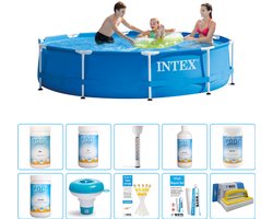 Intex Rond Frame Zwembad - 305 x 76 cm - Blauw - Inclusief Chloor - Chloordrijver - Testrips - Reparatiesetje - Scrubborstel - PH-min - PH-plus - Thermometer - Anti Alg - 11-delig