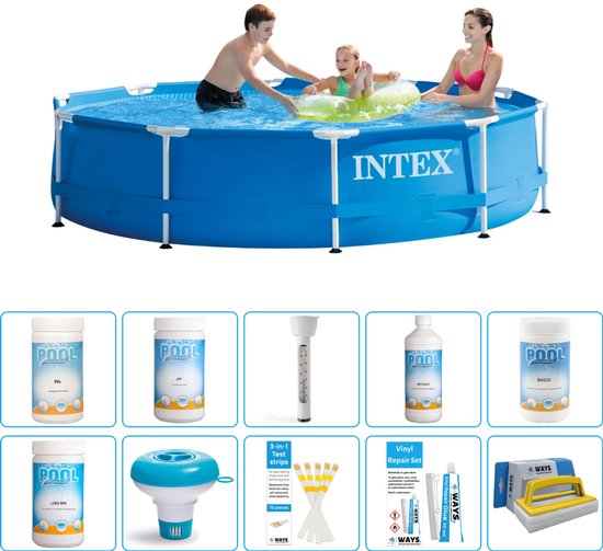 Intex Rond Frame Zwembad - 305 x 76 cm - Blauw - Inclusief Chloor - Chloordrijver - Testrips - Reparatiesetje - Scrubborstel - PH-min - PH-plus - Thermometer - Anti Alg - 11-delig