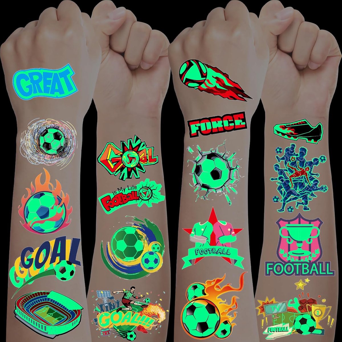 SnelShoppen - Luminous Football Tattoos voor Kinderen - 10 Bladen met Glitter Tatoeages - Perfecte Cadeau voor Jongens van 3-10 Jaar - Adventskalender