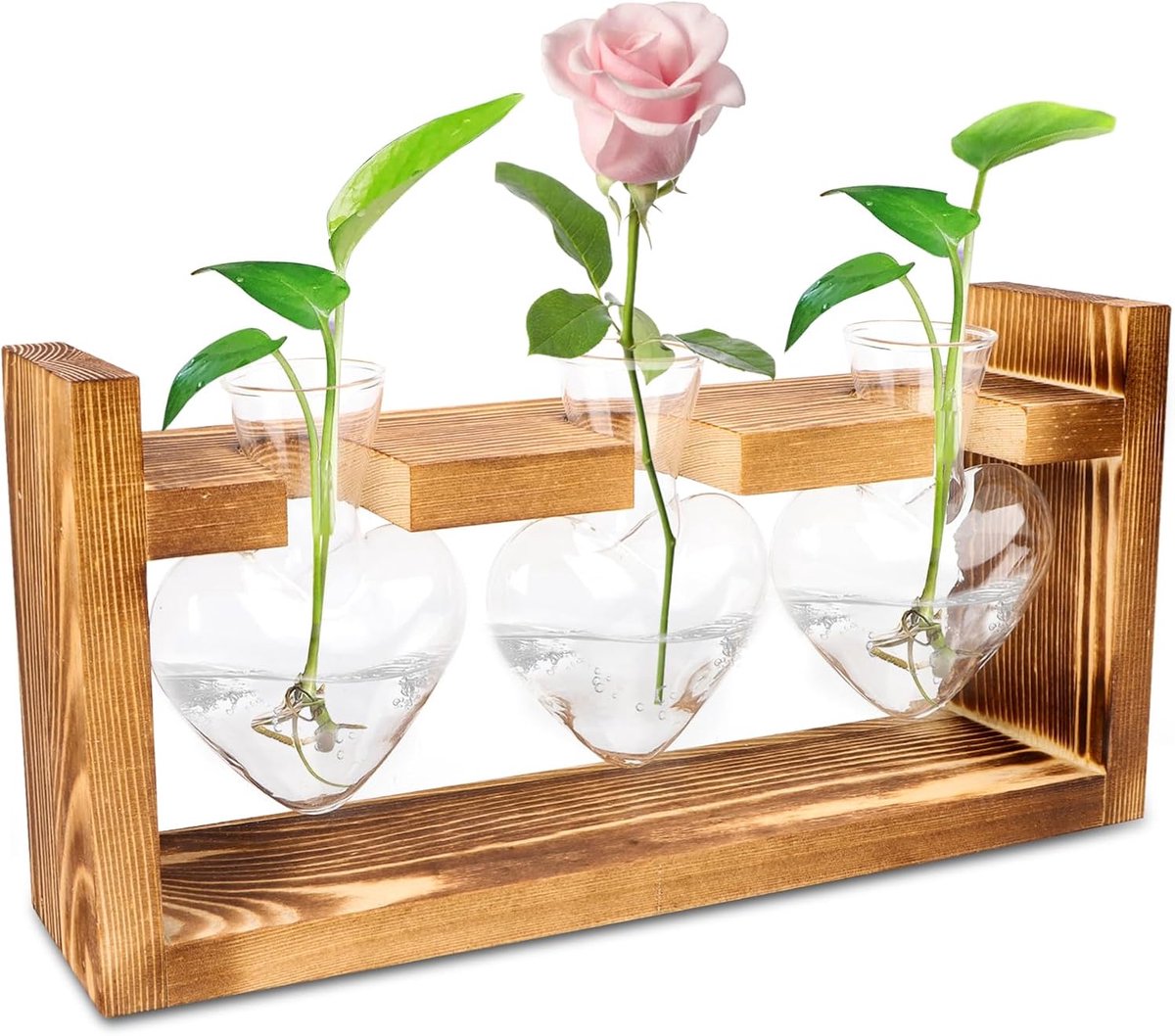 SnelShoppen - Glass Propagation Station voor Planten, Vintage Hartvormige Glazen Vazen met Houten Stand, Decoratieve Hydroponische Vazen voor Tafel, B